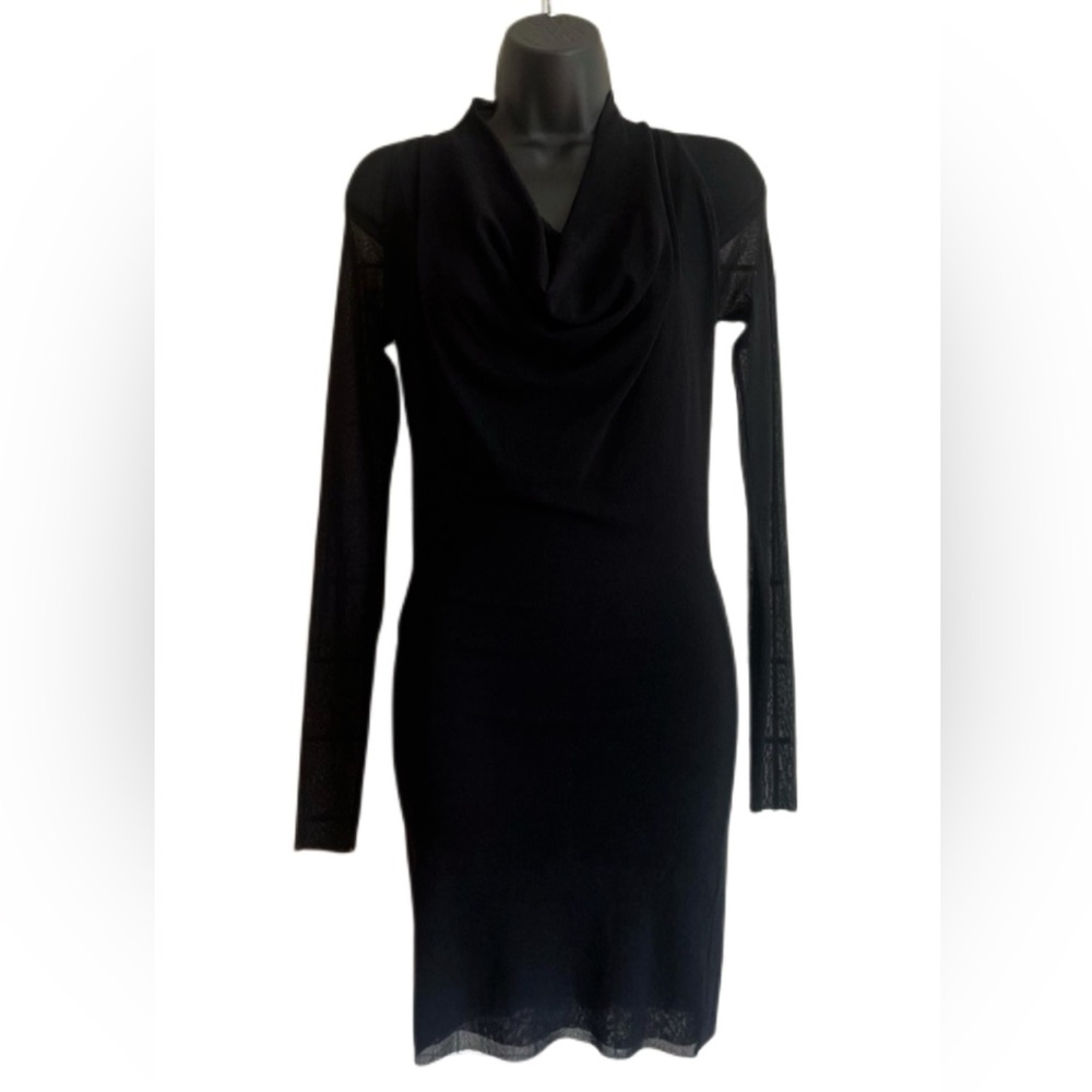 FUZZI Black Mesh Drape Neck Cocktail Dress